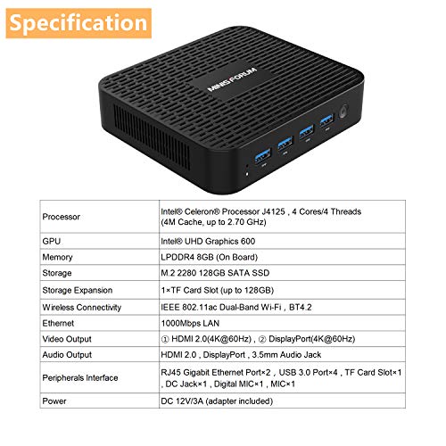 Mini PC, Intel Celeron Processor J4125 CPU de Cuatro núcleos DDR de 8 GB/SSD Mini computadora de Escritorio con Windows 10, conexión HDMI y DP, WiFi de Banda Dual 2.4 + 5.8 G, BT 4.2, 4 * USB 3.0