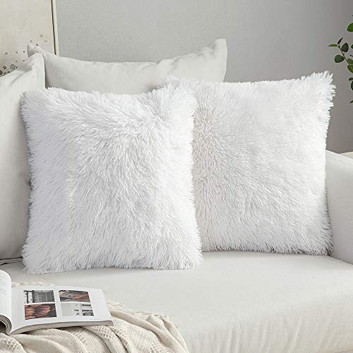 MIULEE Navidad Juego de 2 Cojines Pelo Protectores Faux Fur Throw Funda de cojín Deluxe Home Decorativo Cuadrados y Suaves Cojines PeloPara la Hogar Sofá Cama del 45x45cm Blanco