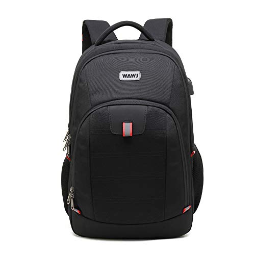 Mochila Hombre con Puerto de USB, WAWJ 17 Pulgadas Mochila de Portátil Impermeable Antirrobo Negro Mochila Escolares