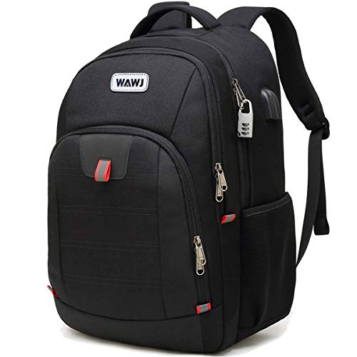 Mochila Hombre con Puerto de USB, WAWJ 17 Pulgadas Mochila de Portátil Impermeable Antirrobo Negro Mochila Escolares