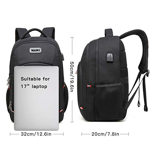 Mochila Hombre con Puerto de USB, WAWJ 17 Pulgadas Mochila de Portátil Impermeable Antirrobo Negro Mochila Escolares