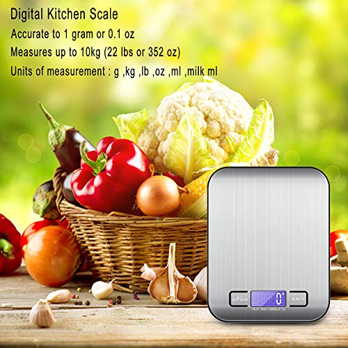 MOSUO Báscula Cocina Digital con Cable USB, Bascula Precision Cocina 10kg/1g Peso de Cocina Digital, Balanza de Alimentos Acero Inoxidable con Gran Pantalla LCD, Función de Tara (Baterias Incluidas)