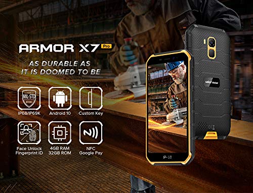 Móvil Resistente (2020), Ulefone Armor X7 Pro Android 10 4G Teléfono Móviles Antigolpes IP68, Batería 4000 mAh, Fotografía Submarina, Quad-Core 4GB+32GB, Dual SIM/GPS/NFC, Desbloqueo Facial Negro