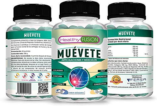 Muévete | Potente antiinflamatorio con acción analgésica | Regenerador articular | Potente cúrcuma + colágeno + magnesio + condroitina + MSM + vitamina C | 50 gummies