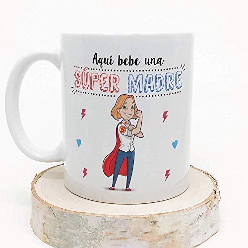 MUGFFINS Tazas Mama para Madres - AQUÍ Bebe UNA Super Madre - Taza Desayuno Original 350 ml - Idea Regalo para el día de la Madre