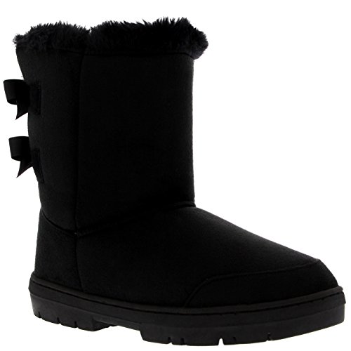 Mujer Twin Bow Tall Classic Fur Impermeable Invierno Rain Nieve Botas - Negro - 39