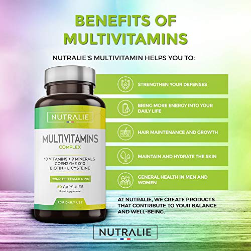 Multivitaminas y Minerales 29 Nutrientes Esenciales | Complejo Multivitaminico Vegano con Vitaminas A, B, C, D, E, K, Biotina, L-cisteína, Coenzima Q10 y 9 Minerales | 60 Cápsulas Veganas Nutralie