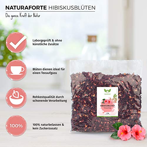 NaturaForte 1000g Flores de Hibisco - Calidad Premium. Flores enteras secadas al aire para té de hibisco. Sin colorantes, sabores o aditivos artificiales ni azufre