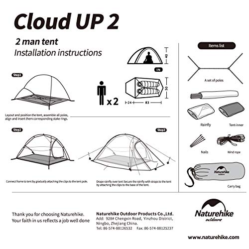 Naturehike Tienda de campaña Mejorar Cloud Up 2 Persona Tienda de Trekking Ultraligero Impermeable … (20D Gris con Falda)