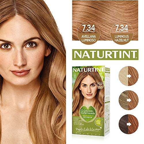 Naturtint Coloración 7.34 Avellana Luminoso, 100% Cobertura de canas y Hidratación, Ingredientes Vegetales y Aceites 100% Biobotánicos, Color Natural y Duradero, Sin Amoniaco, Pack de 3.