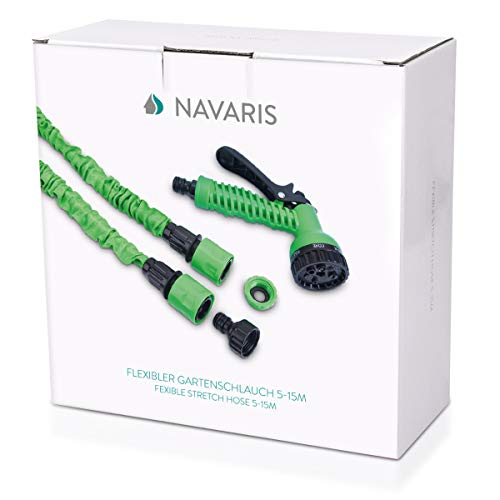 Navaris Manguera de jardín extensible - Flexible manguera de 15M con 7 funciones de riego - Para regar o lavar el coche con agua a presión