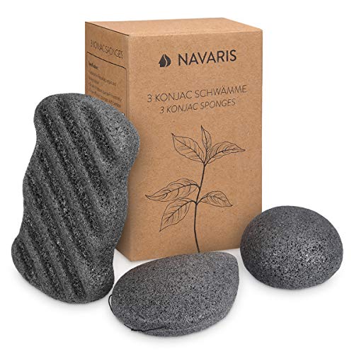 Navaris Set de 3x esponja exfoliante Konjac - Esponjas de limpieza facial para todo tipo de piel rostro cuerpo - 100% natural vegana - Negro carbón