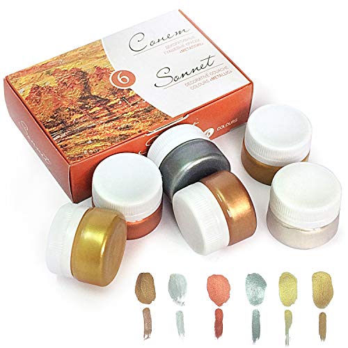 Nevskaya Palitra Gouache Metallic Color Set | 6 x 20 ML näpfchen | Inka Oro, Aztec Oro, Bronce, Cobre, Plata luz, Plata de Profundidad, Calidad de Sonnet