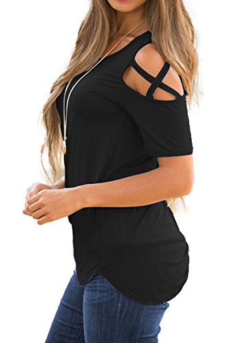 NICIAS Verano Mujer Camiseta de Manga Corta Cuello Redondo Camisetas Strappy de Hombro Frío Señoras Casual Tops Blusas(Negro,L)