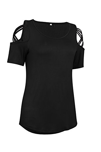 NICIAS Verano Mujer Camiseta de Manga Corta Cuello Redondo Camisetas Strappy de Hombro Frío Señoras Casual Tops Blusas(Negro,L)