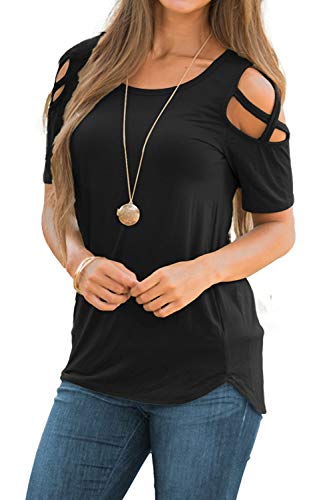 NICIAS Verano Mujer Camiseta de Manga Corta Cuello Redondo Camisetas Strappy de Hombro Frío Señoras Casual Tops Blusas(Negro,L)