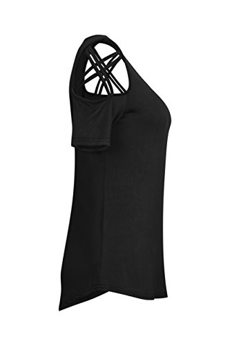 NICIAS Verano Mujer Camiseta de Manga Corta Cuello Redondo Camisetas Strappy de Hombro Frío Señoras Casual Tops Blusas(Negro,L)