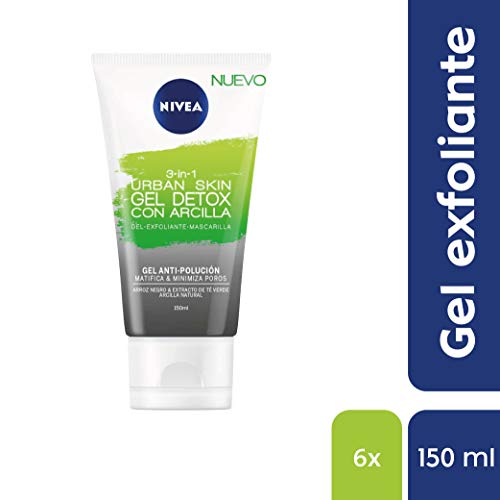 NIVEA Urban Skin Gel Detox con Arcilla 3 en 1 en pack de 6 (6 x 150 ml), gel limpiador facial, exfoliante facial, mascarilla facial antipolución