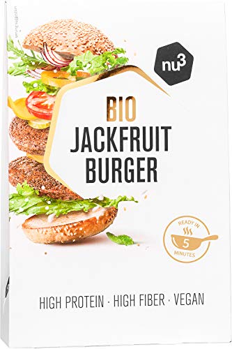 nu3 Bio Jackfruit Burger - 2 x 90g hamburguesas veganas hecha a base de yaca - Veggie burger frita en 5 minutos – 15g de proteína vegetal– Carne 100% vegana baja en grasa y con fibra dietética