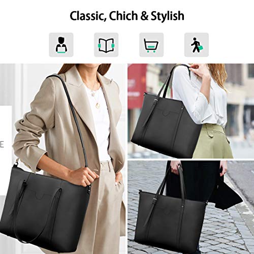 NUBILY Bolsos Universidad Mujer Grande para Ordenador Portátil 15.6 Pulgadas Impermeable Bolso Shopper PU Piel Bolsos de Mujer Bandolera Bolsa Tote Cuero Negro