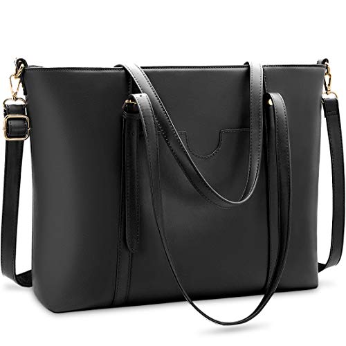 NUBILY Bolsos Universidad Mujer Grande para Ordenador Portátil 15.6 Pulgadas Impermeable Bolso Shopper PU Piel Bolsos de Mujer Bandolera Bolsa Tote Cuero Negro