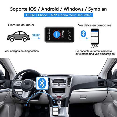 OBD2 Bluetooth 4.0 Kimood Nueva Versión Auto Diagnostico de Coche OBD2 Diagnosticos, Mini adaptador inalámbrico OBD2 Bluetooth para iPhone iOS Android Windows Symbian Tablet Smartphone, Negro