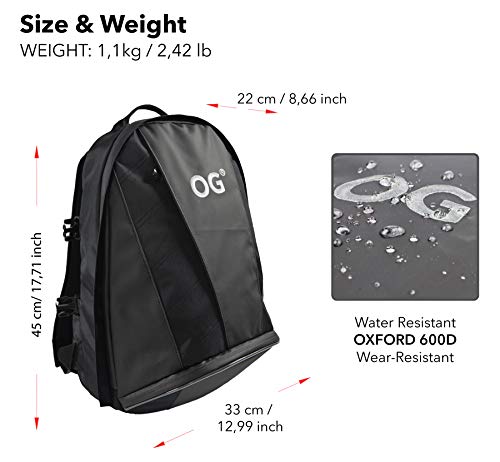 OG Online&Go EZ-Rider2 Mochila Moto Negra 24L, Bolsa Porta-Casco Motorista, Correa Casco, Impermeable, Portátil, Reflectante (Logo Blanco)