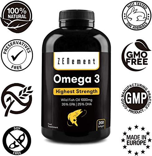 Omega-3 Aceite de Pescado Salvaje | 1000 mg x 200 Perlas | Máxima concentración: 35% EPA + 25% DHA | Favorece la salud cardiovascular, de las articulaciones, y la función cerebral | 100% Natural