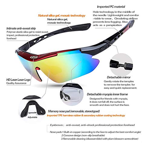 OPEL-R Gafas Ciclismo Motocross Anti-UV400 Gafas De Sol Polarizadas 5 Lentes para MTB Correr, Pescar, Conducir, Deportes Al Aire Libre (BRIGHTBLACK)