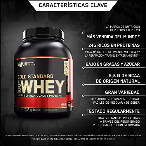 Optimum Nutrition ON Gold Standard 100% Whey Proteína en Polvo Suplementos Deportivos, Glutamina y Aminoacidos, BCAA, Fresa Deliciosa, 76 porciones, 2.27 kg, Embalaje puede variar