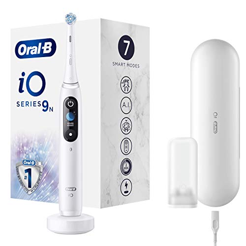 Oral-B iO 9n Cepillo Eléctrico Recargable Con Tecnología De Braun, 1 Mango Blanco Diseño De Alta Gama Y Tecnología Magnética, Pantalla En Color, 1 Cabezal De Recambio, 1 Estuche De Viaje De Carga