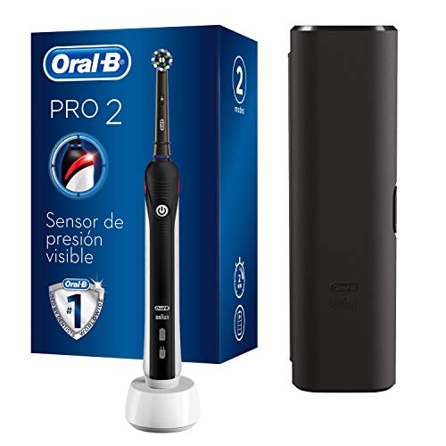 Oral-B PRO 2 2500 CrossAction Cepillo de dientes eléctrico recargable con tecnología de Braun, 1 mango negro, 2 modos, 1 cabezal de recambio y 1 estuche de viaje exclusivo