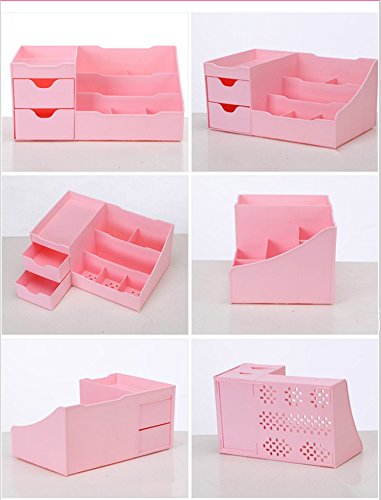 Organizador de maquillaje con cajones con diseños despejados - Elegante almacenamiento de encimera para cosméticos - Elegante soporte de tocador para pinceles, sombras de ojos, lociones, lápiz labial, esmalte de uñas y joyas (Rosa)