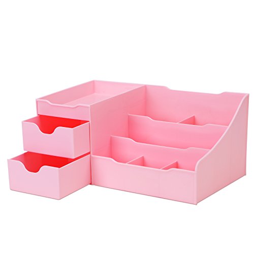 Organizador de maquillaje con cajones con diseños despejados - Elegante almacenamiento de encimera para cosméticos - Elegante soporte de tocador para pinceles, sombras de ojos, lociones, lápiz labial, esmalte de uñas y joyas (Rosa)