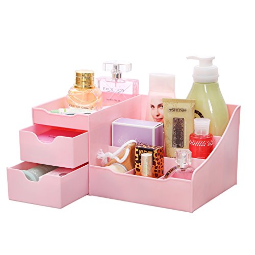 Organizador de maquillaje con cajones con diseños despejados - Elegante almacenamiento de encimera para cosméticos - Elegante soporte de tocador para pinceles, sombras de ojos, lociones, lápiz labial, esmalte de uñas y joyas (Rosa)