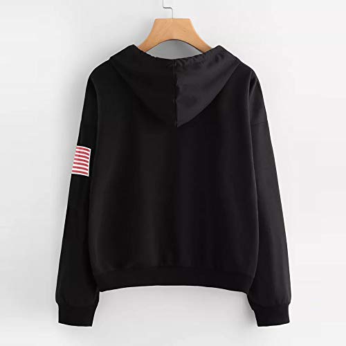 Overdose Sudadera con Capucha para Mujeres con Estampado De Letras Bandera Sudadera con Capucha con CordóN Estampado Sudadera con Mangas Largas Blusas Blancas Blusa Negra (L, Negro)