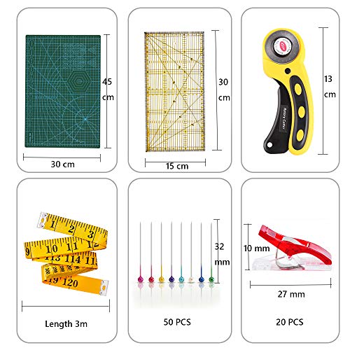 O'woda Set Base de Corte A3, 45 mm Cúter Rotativo, Patchwork de Regla, 20pcs Clips de Costura, 40pcs Alfileres, Cinta Métrica, Set Alfombrilla de Corte, Juego de Tapete de Corte (Verde)