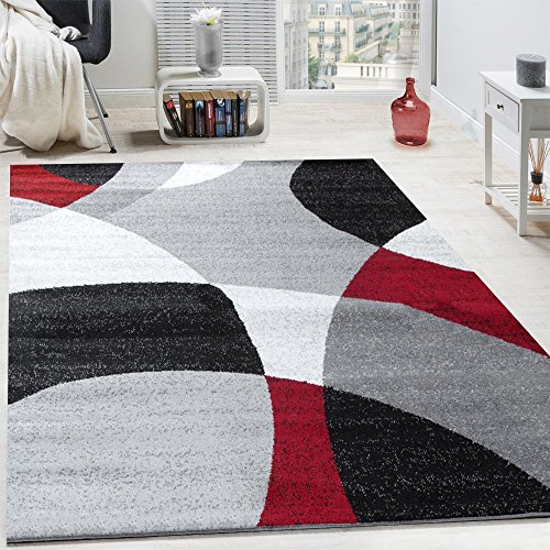 Paco Home Alfombra De Diseño De Velour Corto Moderna con Estampado De Semicírculos Abstractos En Rojo Y Gris, tamaño:160x220 cm