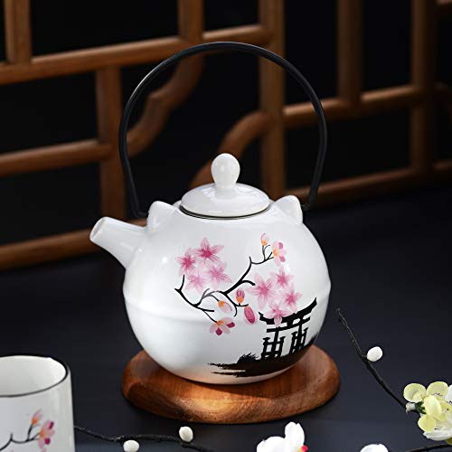 Panbado Juego de té de porcelana japonesa , contiene 1 tetera de 700 ml con 2 tazas de té de 150 ml y colador de té de acero inoxidable, decoración de cerezos en flor Torii