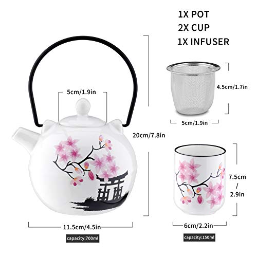 Panbado Juego de té de porcelana japonesa , contiene 1 tetera de 700 ml con 2 tazas de té de 150 ml y colador de té de acero inoxidable, decoración de cerezos en flor Torii