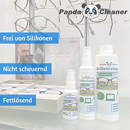 Panda Cleaner® de recambio Set 500 ml Gafas limpiador 2 x 250 ml botella + Paño para Limpieza | sin alcohol | antibeschlag | streifenfrei | también para pantallas, monitores, visera Adecuado