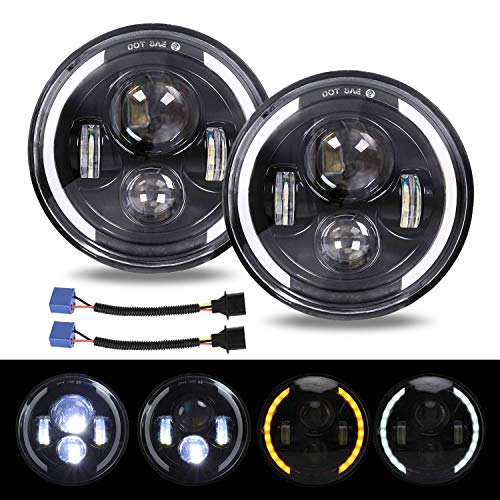 Par 7" Luz de trabajo LED 300W 30000LM 4 lentes Angel Eyes 3000K+6000K 4 modos de Iluminación Redondo Negro Cree Lights LED Off Road Fire Cross DRL HI LO Haz para Wrangler JK TJ LJ CJ Humm-er H1 H2