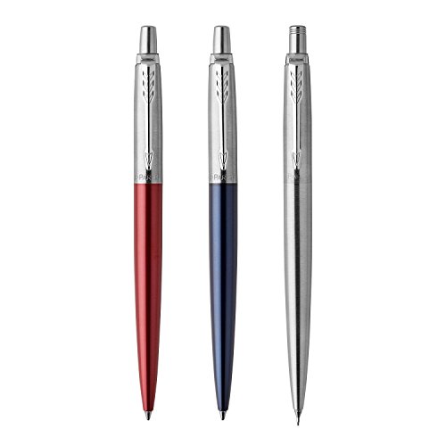 Parker Jotter London - Paquete Trio Discovery bolígrafo de color azul Royal, bolígrafo de gel de color rojo Kensington y portaminas de acero inoxidable