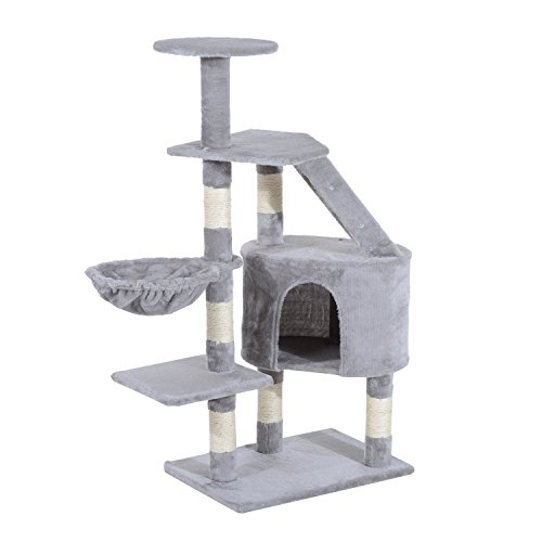 PawHut Rascador Árbol para Gatos Poste Centro 55x40x125cm Arañar Dormir Jugar Felpa (Gris)