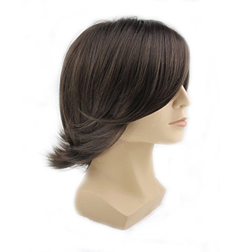 Peluca de pelo corto medio rizado con flequillo lateral para hombre cosplay fiesta peluca sintética de moda estilo europeo (marrón oscuro)