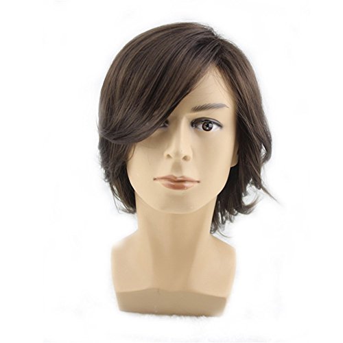 Peluca de pelo corto medio rizado con flequillo lateral para hombre cosplay fiesta peluca sintética de moda estilo europeo (marrón oscuro)