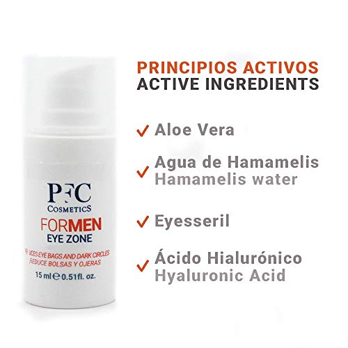 PFC Cosmetic Contorno de Ojos para Hombre Antiarrugas Formen Eye Zone Disminuyelas Bolsas de los Ojos con Aloe Vera Hemamelis Water Eyeseryl® Ácido Hialurónico Vitamina C+ Complex y Cafeína.