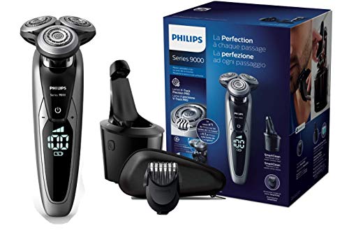 Philips Serie 9000 S9711/32 - Máquina de afeitar con cabezales de 8 direcciones, seco/húmedo, 3 modos y sistema de limpieza SmartClean, incluye perfilador de barba y funda de viaje, plata