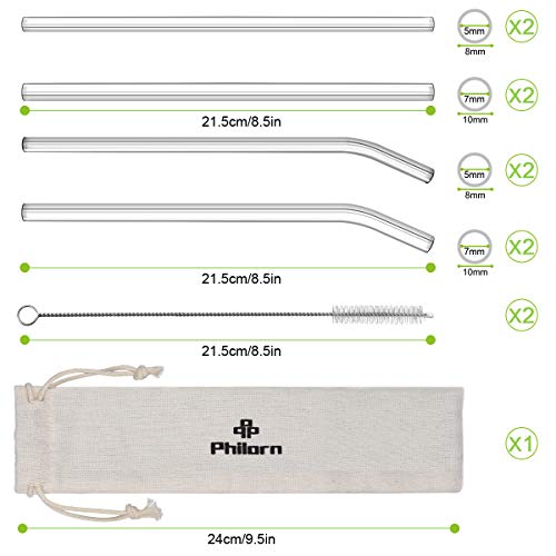 PHILORN Pajitas Reutilizables Juego de 8, Pajitas de Cristal Resistente a 150°C/-20°C, 4 Curvas y 4 Rectas (8.5 in de Largo, 8 mm/10 mm de Diámetro) Pajitas Comestibles con Cepillo - Durable, Sin BPA