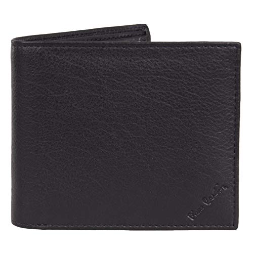 Pierre Cardin - Cartera de piel auténtica para hombre, con bloqueo RFID, suave, ligera, duradera y a prueba de pliegues Negro Forro negro y azul. Medium